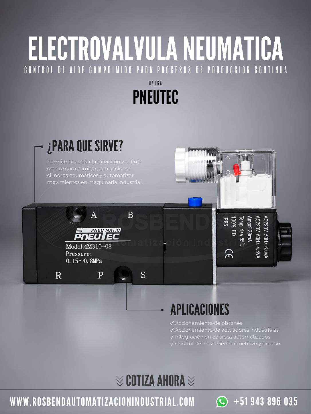 Electroválvula de Alto Caudal Pneutec 1/4″ NPT 5/2 24 VAC